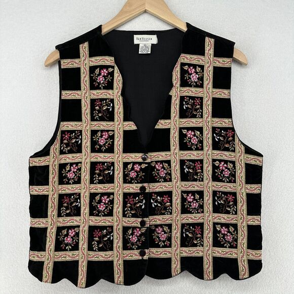 Van Heusen Jackets & Blazers - VAN HEUSEN Vest Womens L Velvet Floral Embroidery Western Boho Cotton Black Vtg